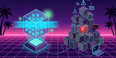 Illustrazione synthwave: un cubo di cristallo con i pesi originali di un modello passa intatto sotto uno scanner, mentre in una pila di copie scaricate da repository sconosciuti una sola nasconde un nucleo rosso