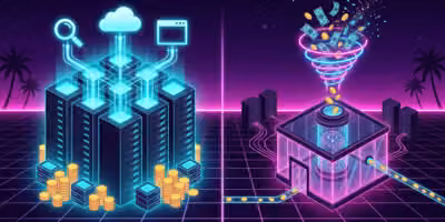Illustrazione synthwave: a sinistra un data center finanziato da ricerca, cloud e software con pile di monete, a destra un laboratorio di IA che brucia denaro in un vortice al neon
