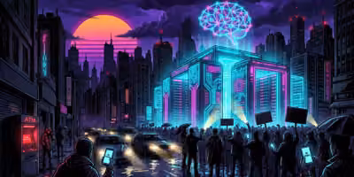 A city in the dark after a blackout, with a data center still lit up