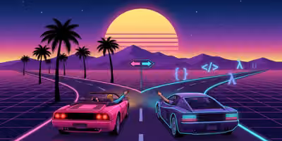 Due auto anni '80 a un bivio al tramonto, in stile OutRun: una rosa tra le palme, una viola con i neon ciano tra simboli di codice. I due guidatori si salutano dal finestrino.