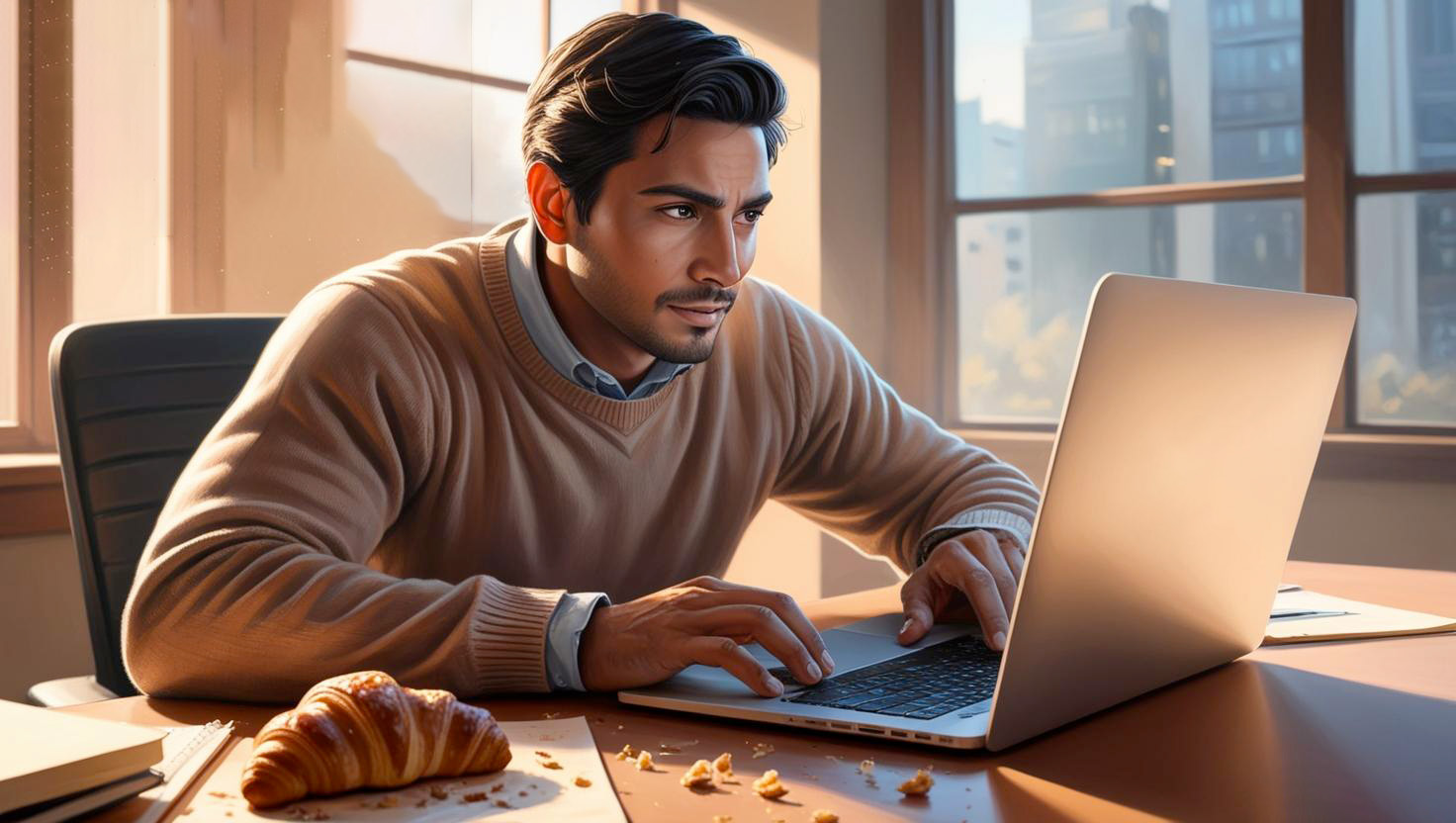 Un cornetto accanto a una tastiera con codice sullo sfondo