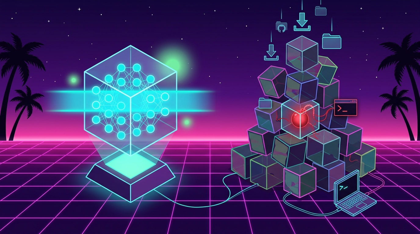 Illustrazione synthwave: un cubo di cristallo con i pesi originali di un modello passa intatto sotto uno scanner, mentre in una pila di copie scaricate da repository sconosciuti una sola nasconde un nucleo rosso