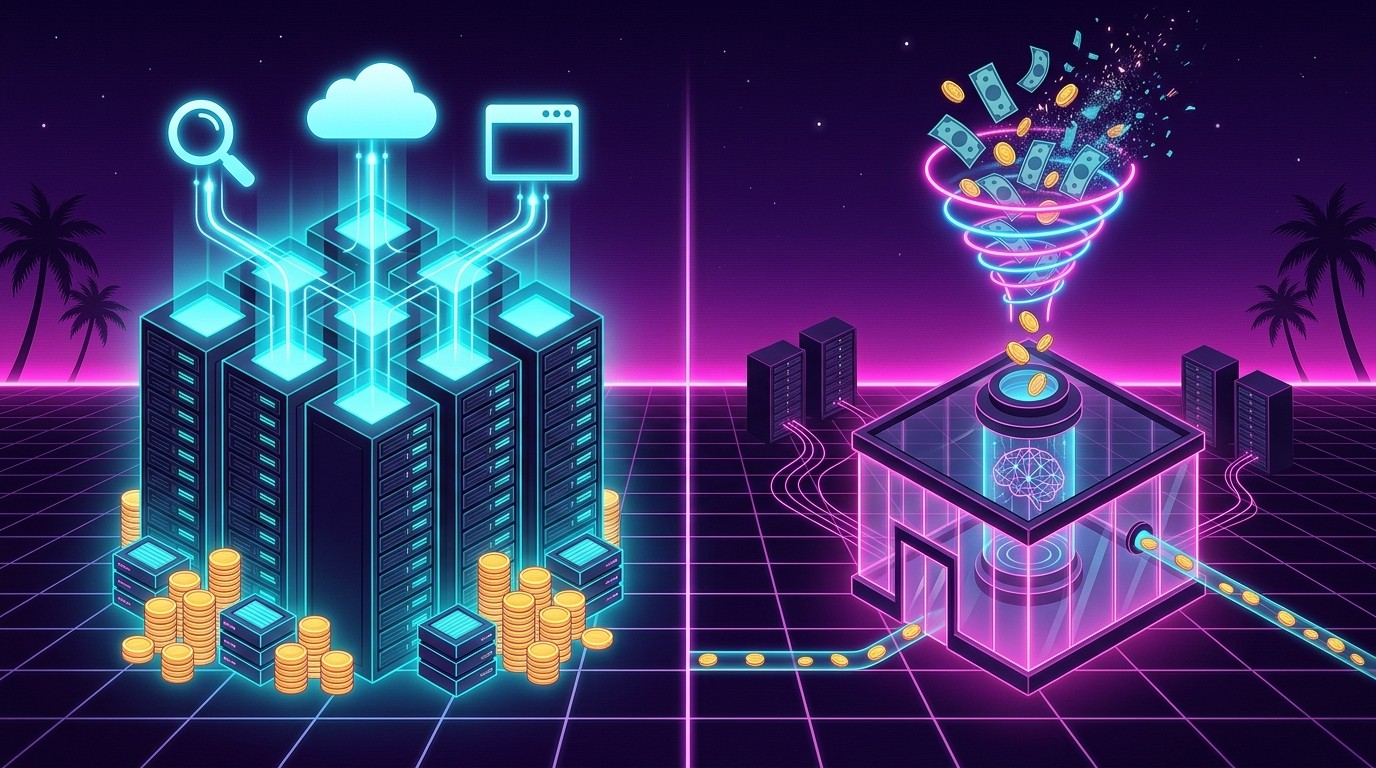Illustrazione synthwave: a sinistra un data center finanziato da ricerca, cloud e software con pile di monete, a destra un laboratorio di IA che brucia denaro in un vortice al neon
