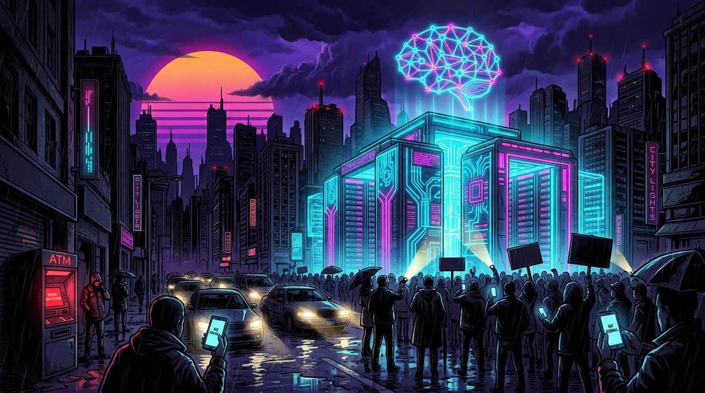 A city in the dark after a blackout, with a data center still lit up