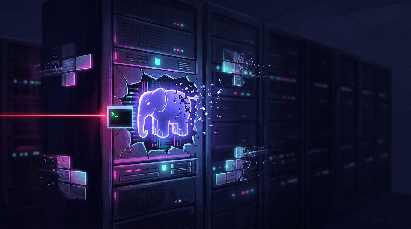 Server in una sala macchine colpito da un fascio di luce rossa, con l'elefante di PHP che si frantuma
