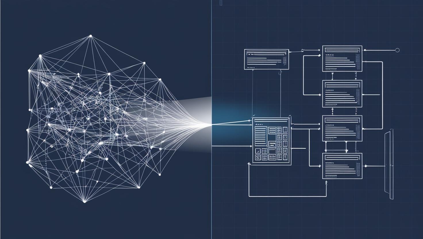 Blueprint di un codice in trasformazione, da spaghetti code a moduli organizzati