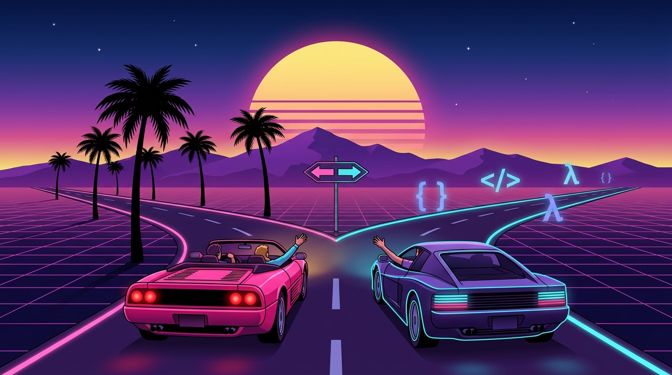 Due auto anni '80 a un bivio al tramonto, in stile OutRun: una rosa tra le palme, una viola con i neon ciano tra simboli di codice. I due guidatori si salutano dal finestrino.